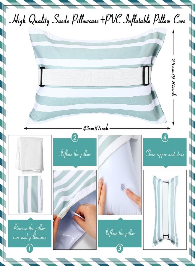 Menkxi 17"x10" Inflatable Beach Pillow with Removable Cover, Beach Chair Backpacking Pillow with Strap Stripe for Summer Sand Pools Travel Vacations(Green White) - Image 3